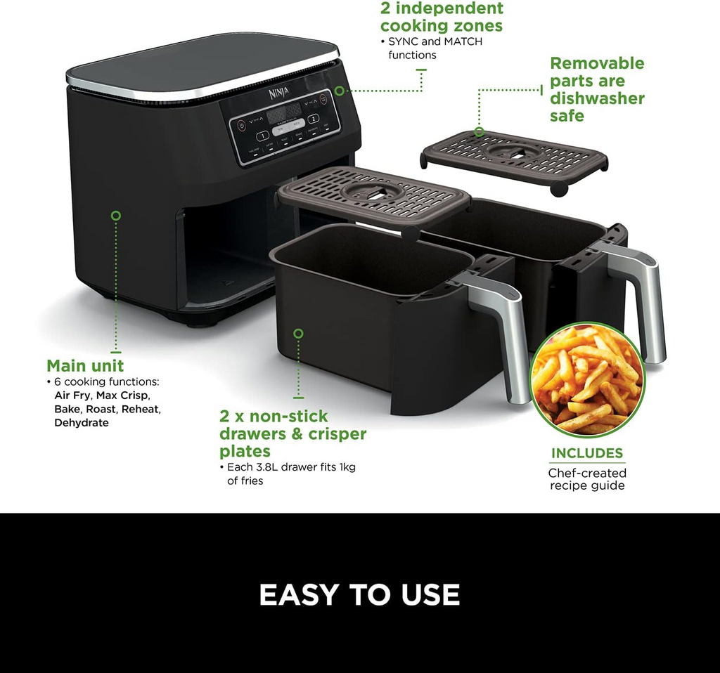 NinjaFoodi Dual Zone Digital Air Fryer, 2 Drawers, 7.6L, 6-in-1