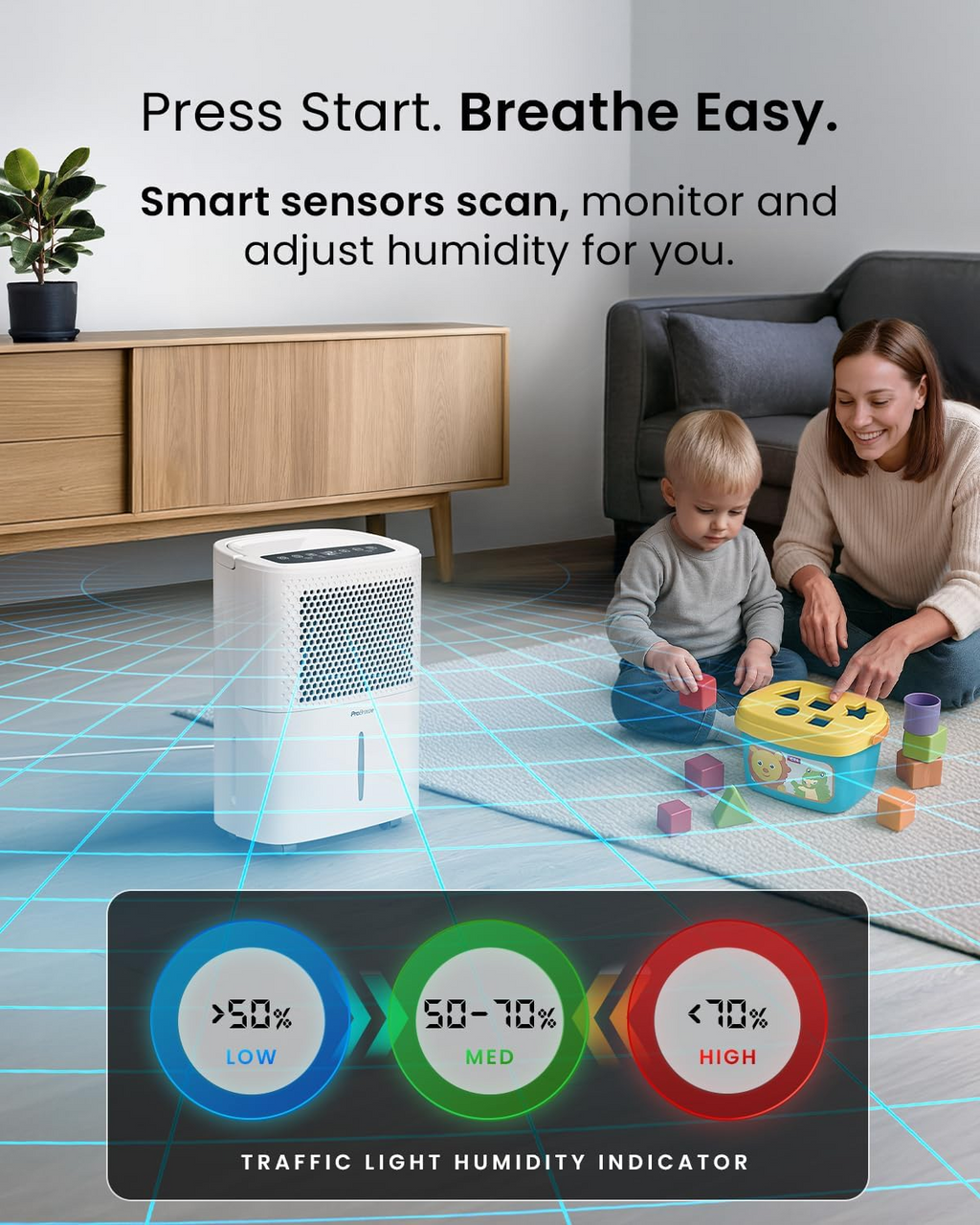 Pro Breeze 12L Low Energy Compact Dehumidifier with Automatic Humidity Sensor & Display