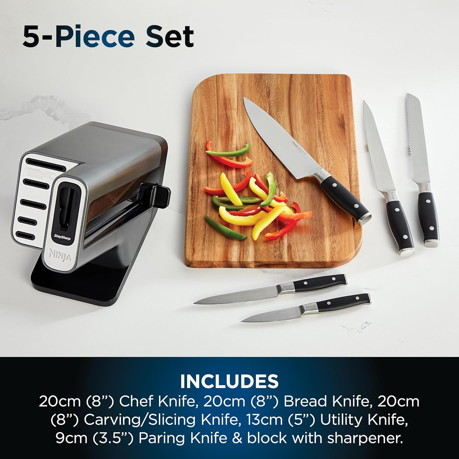 NinjaFoodi StaySharp Knife Block with Integrated Sharpener, 5-Piece Set