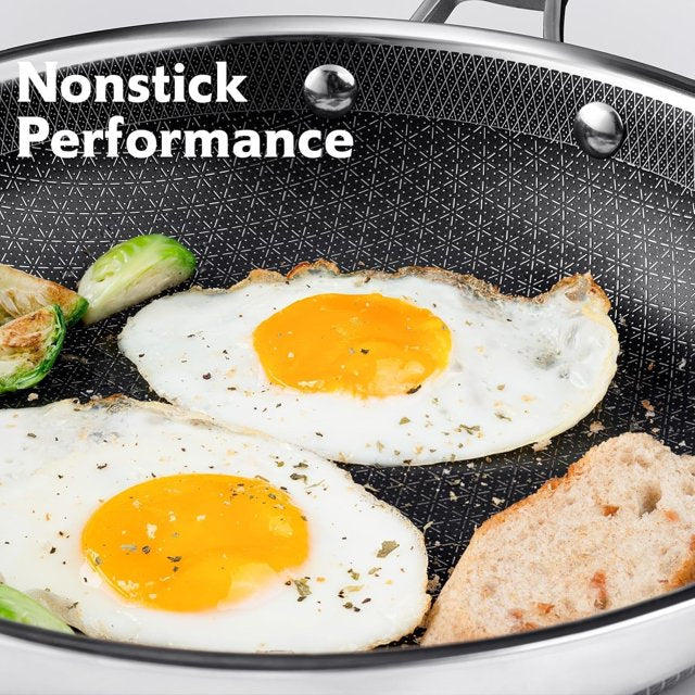 Non-stick frying pan cooking demonstration with effortless food release