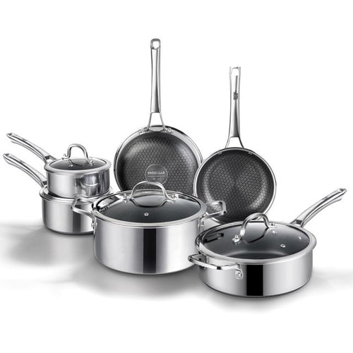 10-piece non-stick frying pan set complete with saucepans and stock pot in stainless steel