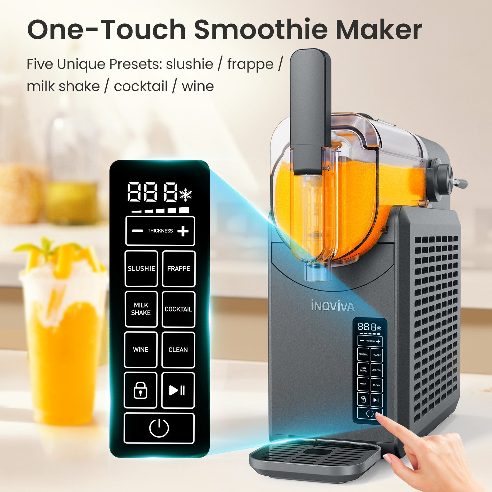 INOVIVA slushie machine detailed view of control panel and dispensing handle